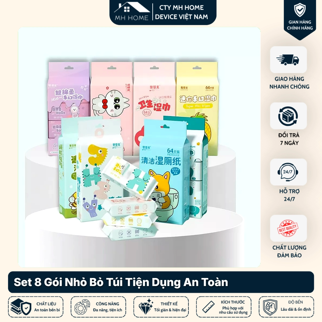 Bịch 64 Khăn Ướt Mini (Set 8 Gói) Bỏ Túi Tiện Lợi Dịu Nhẹ Làm Sạch Hằng Ngày | MH Home